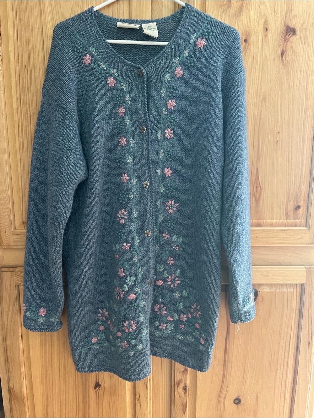 VINTAGE Northern Reflections Blue Cardigan with Pink Floral Embroidery, size M